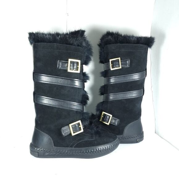 Tory Burch Women's Jaden US8 Black Rabbit Fur Lined Leather Suede Winter Boots - Picture 7 of 16